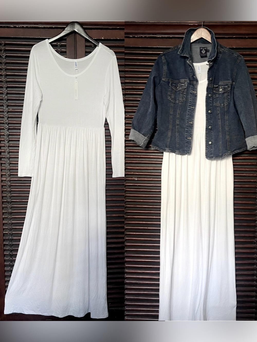 NWT White T-shirt Maxi Dress Long Sleeve Jersey Loose Stretch Scoop Neck Pockets